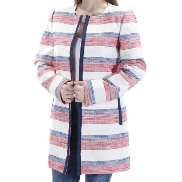 Tahari Women Tweed Stripe Long Blazer Size 6P Prtiotic Old Money Mid Length - Picture 1 of 10